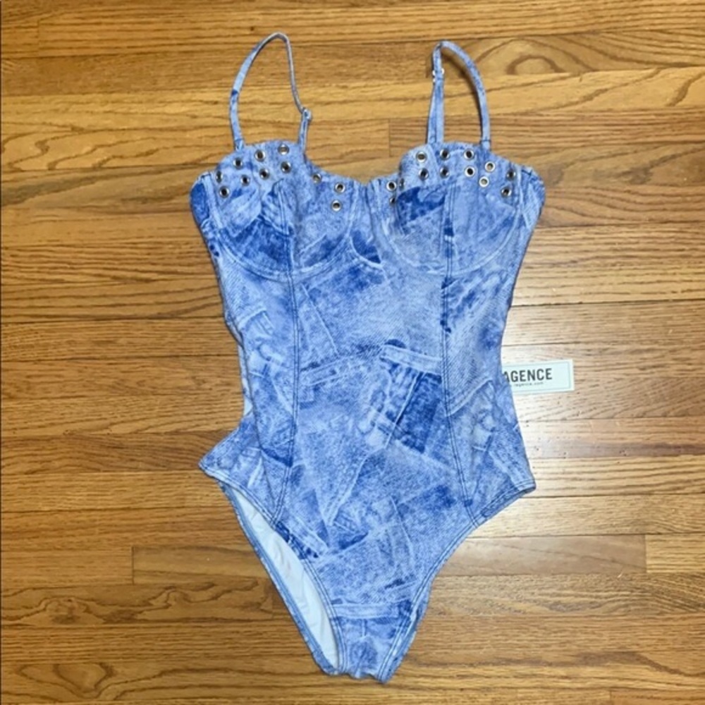 L’AGENCE one piece bathing suit - denim print strapless one piece swimsuit